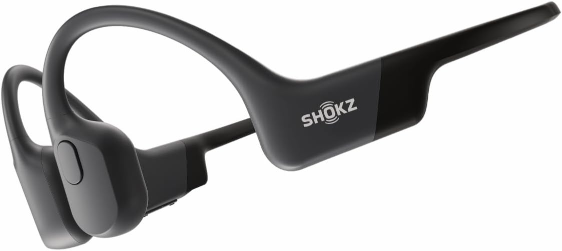 Shokz OpenRun open-ear bone conduction sport headphones in black with wraparound titanium neckband