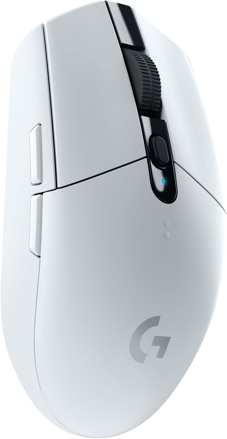 Logitech G305 Lightspeed wireless gaming mouse in white with two side buttons and a textured scroll wheel