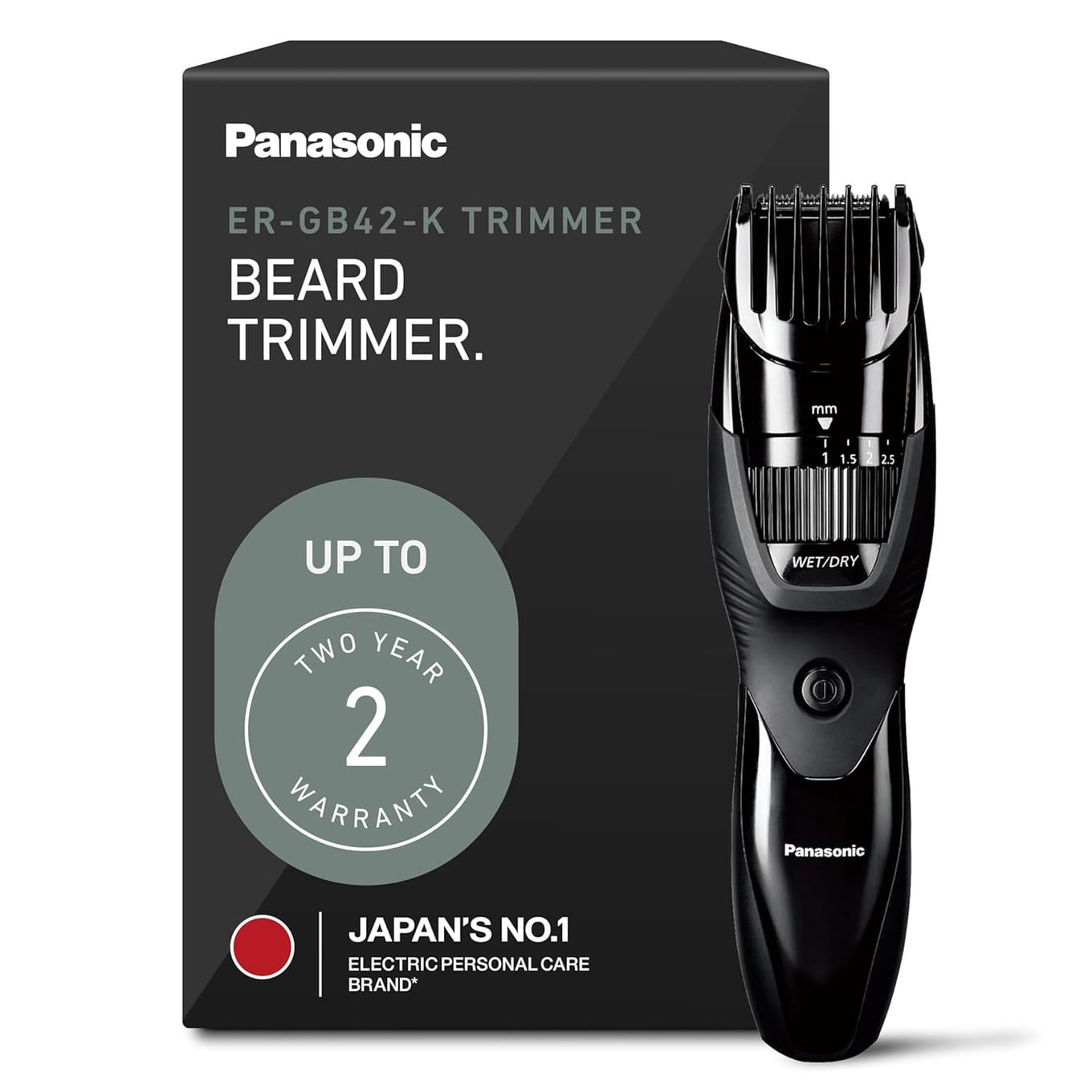 Panasonic ER-GB42 cordless beard trimmer with black body and stainless steel adjustable comb dial