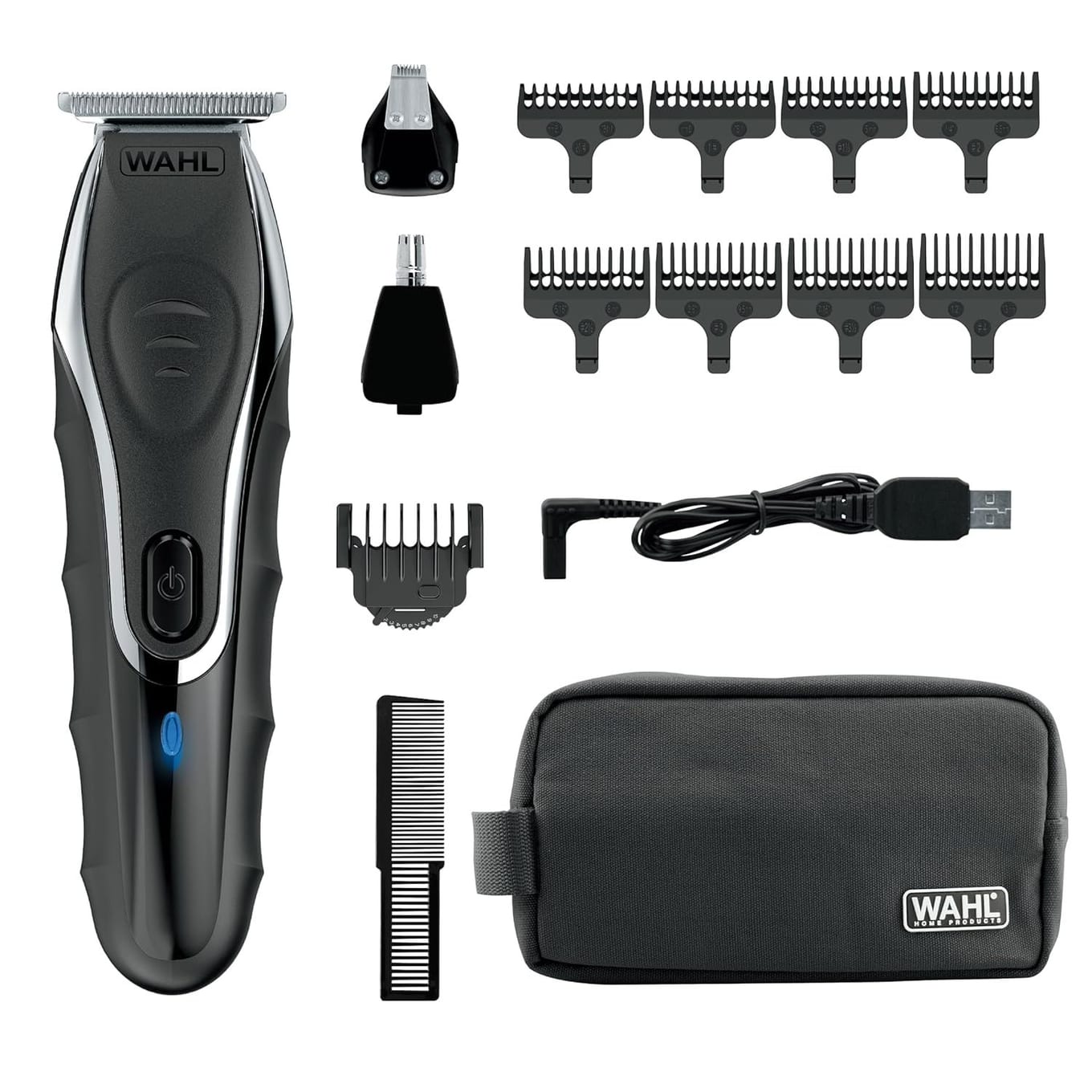 Wahl Aqua Blade 9899 deluxe beard trimmer kit with black trimmer, interchangeable heads, and guide combs