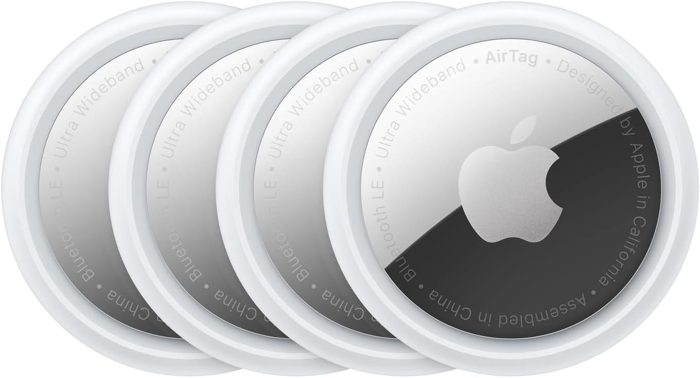 Apple AirTag 4-pack, four white and silver circular Bluetooth trackers for keys, wallet, and luggage