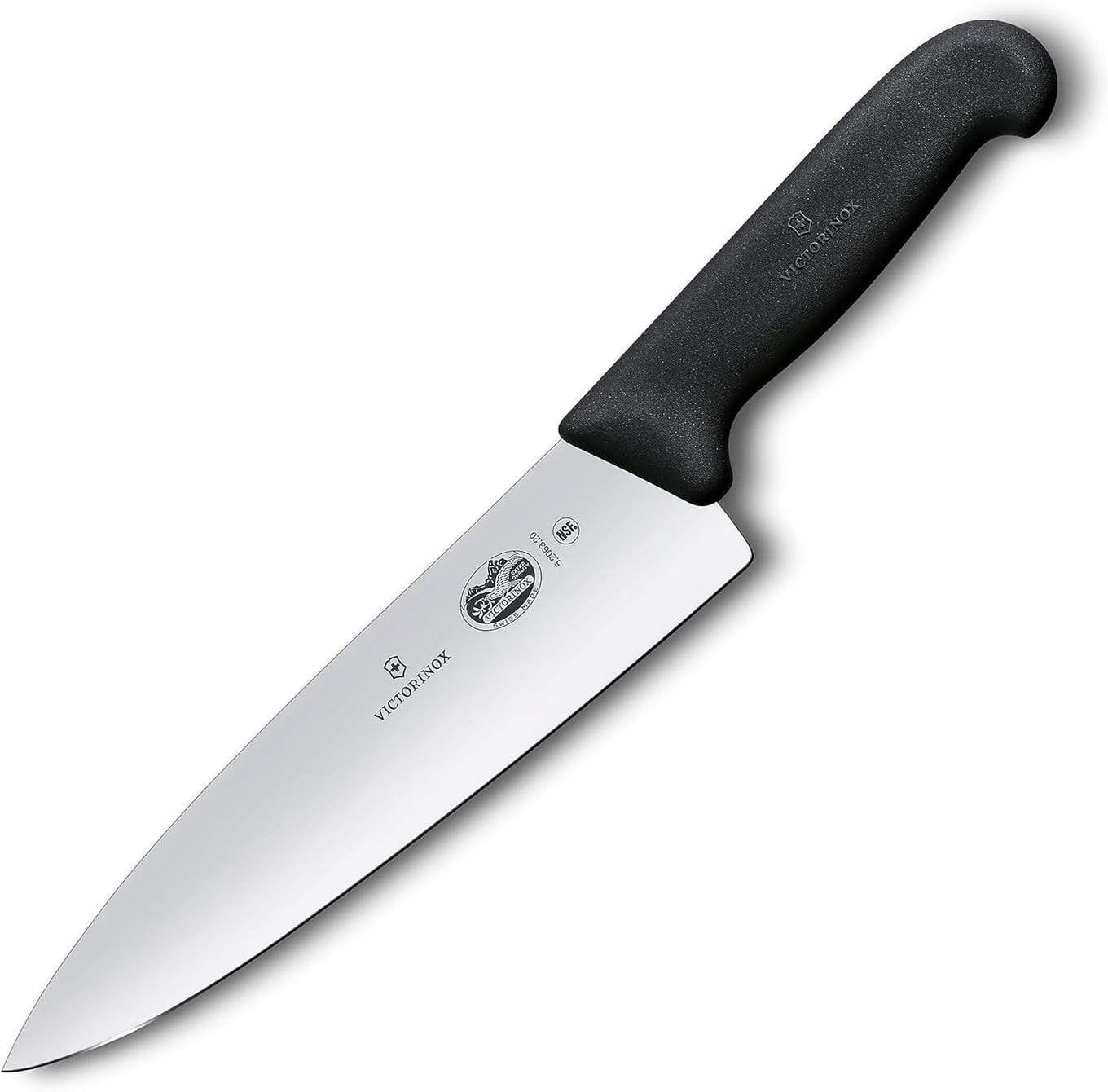 Victorinox Fibrox Pro 8-inch chef's knife with black non-slip Fibrox handle and stamped stainless steel blade on a white background