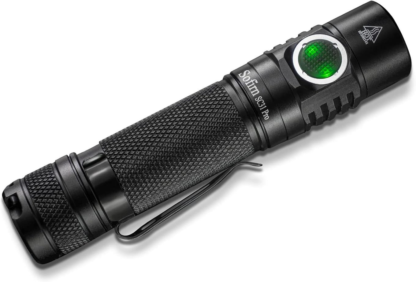 Sofirn SC31 Pro 18650 flashlight in black with USB-C charging port and magnetic tailcap