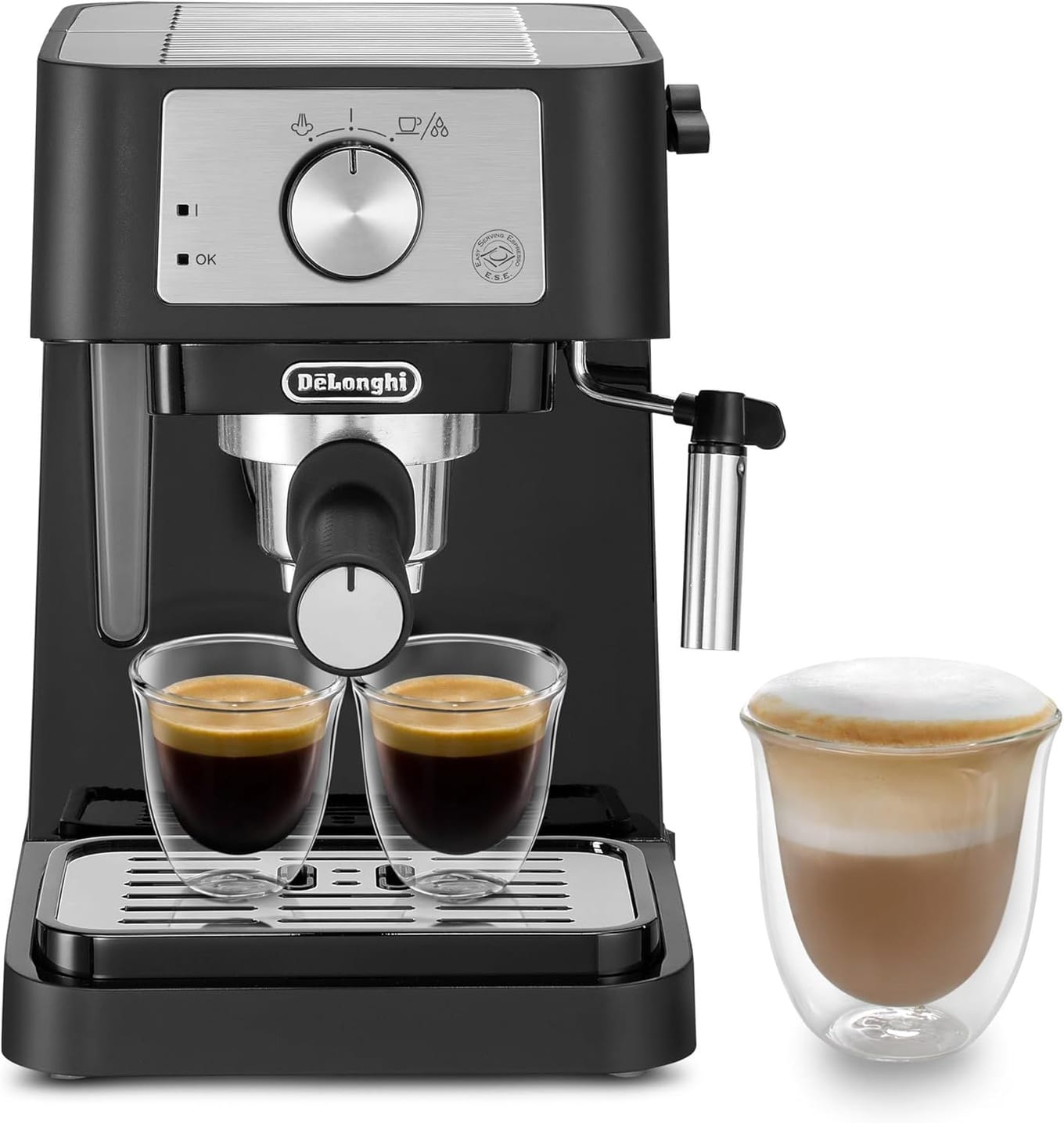 De'Longhi Stilosa EC260BK compact black and stainless steel manual espresso machine with portafilter and steam wand