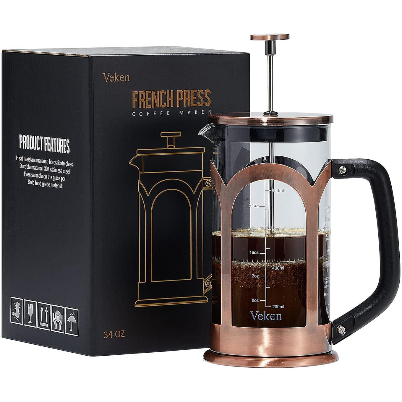 Veken 34oz French press coffee maker with copper-finish stainless steel frame and borosilicate glass carafe