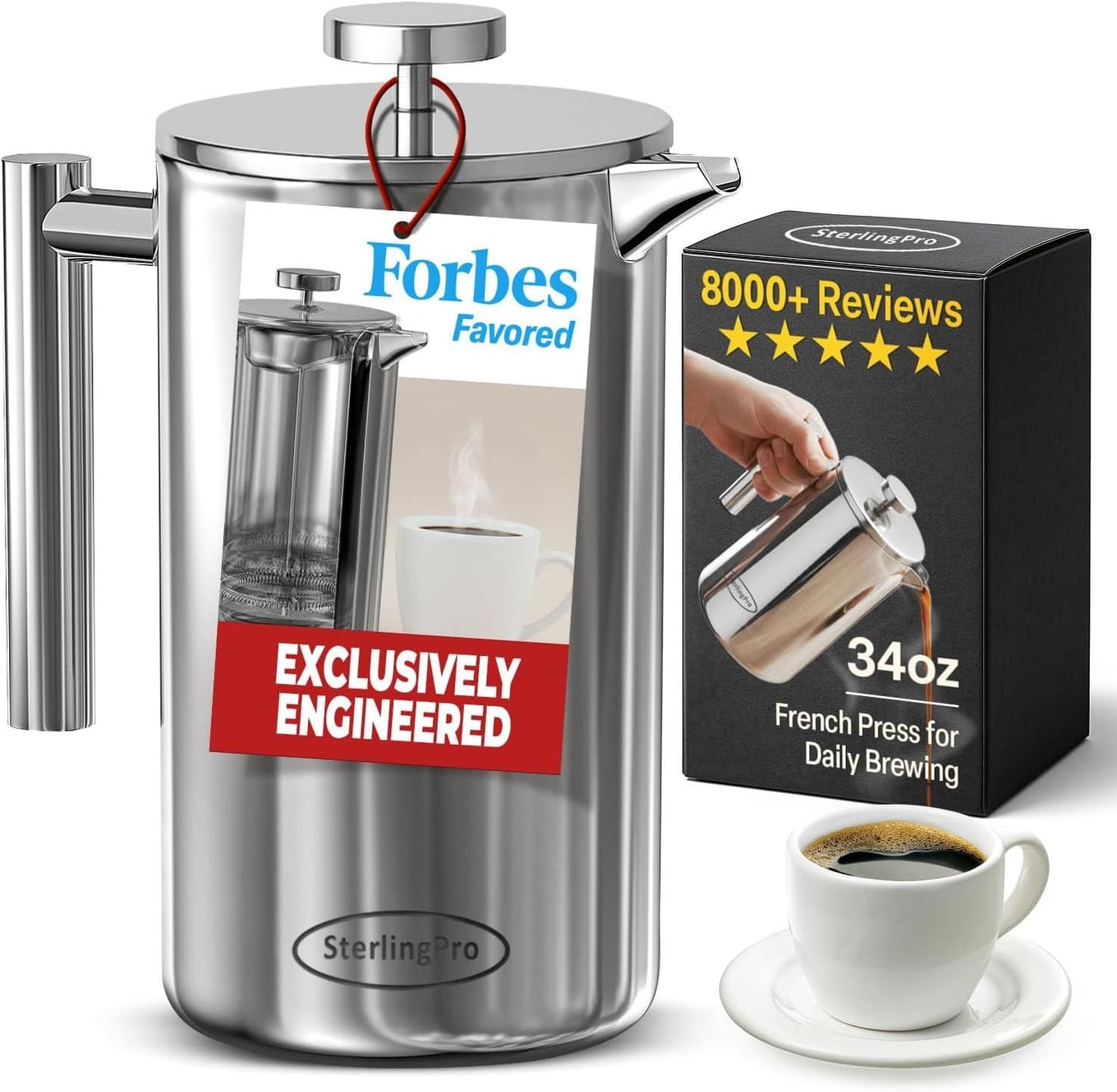 SterlingPro double-wall insulated stainless steel French press with mirror finish and cool-touch handle