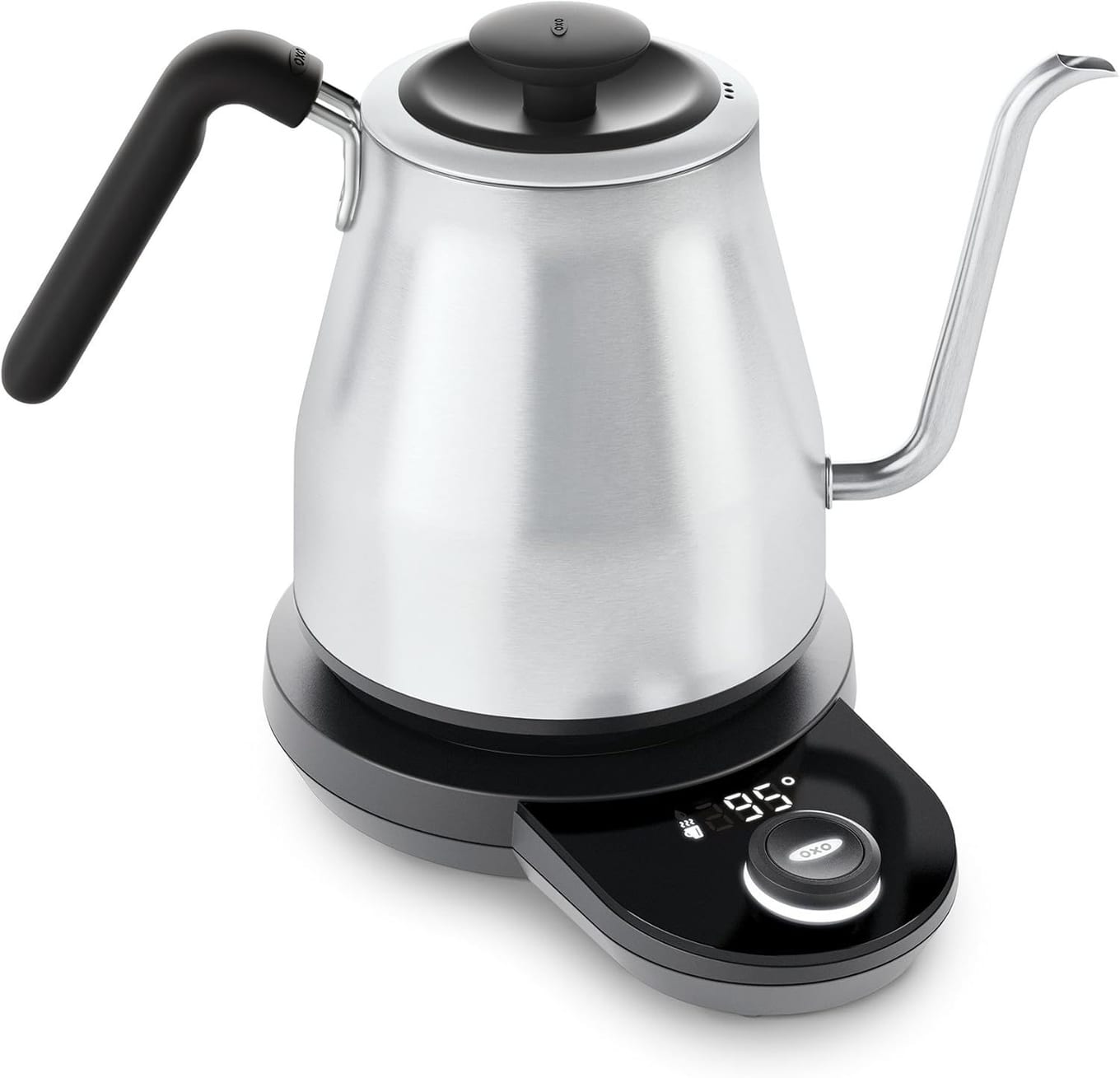 OXO Brew adjustable temperature gooseneck electric kettle in brushed stainless steel with a temperature dial knob on the base and a built-in brew timer