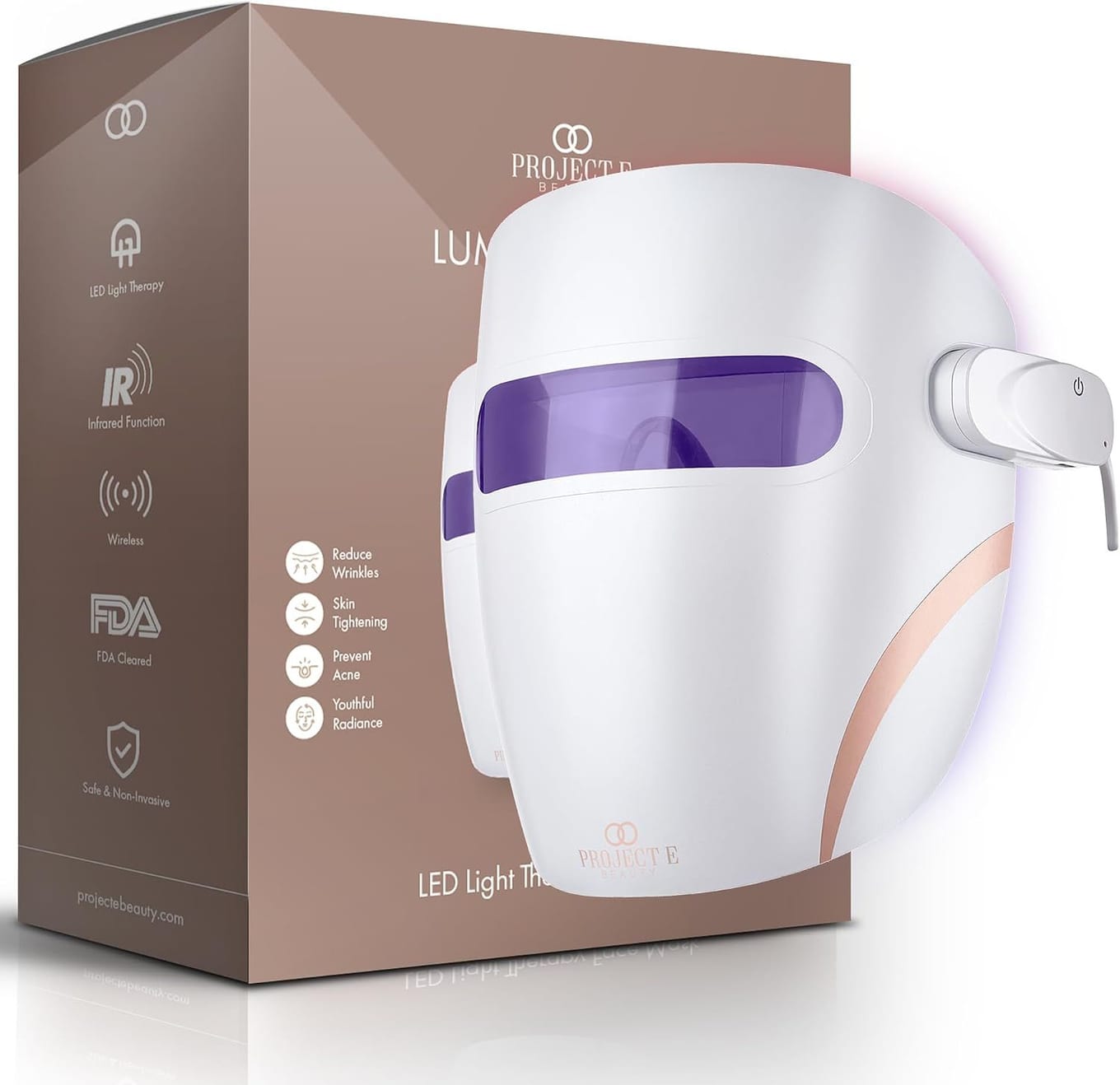 Project E Beauty LED Light Therapy Mask, a white rigid-shell facial mask with red LED lighting for at-home skincare