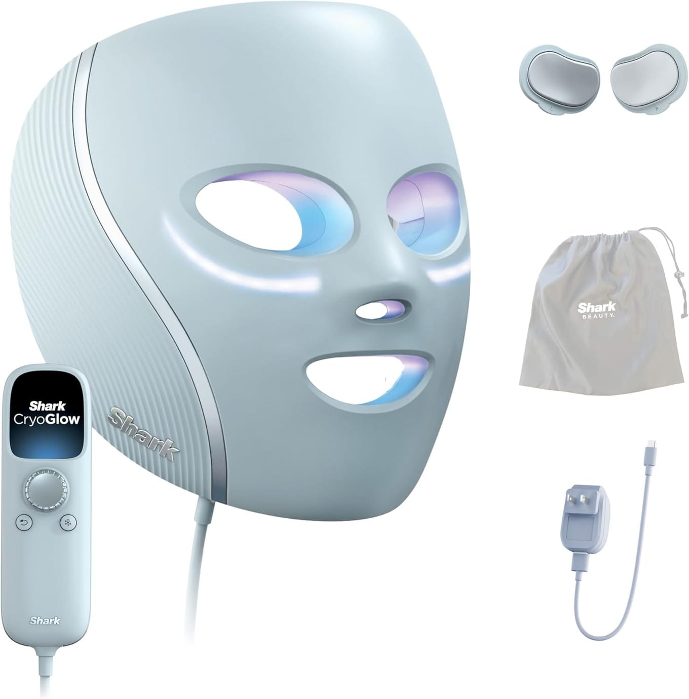 Shark CryoGlow Blue Frost LED face mask with under-eye cooling zones and red and blue LED light therapy