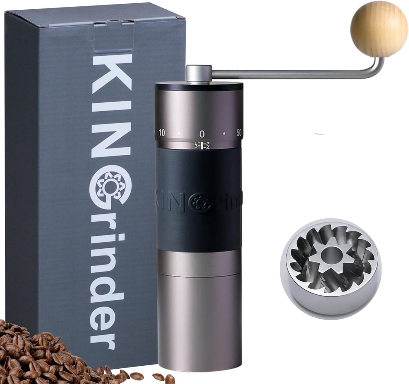 KINGrinder K6 manual coffee grinder in iron gray with straight folding handle, knurled metal body, and external numbered adjustment ring