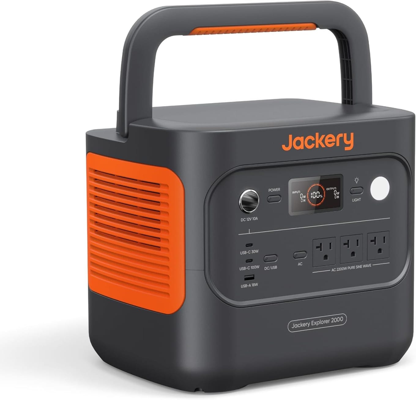 Jackery Explorer 2000 v2 portable power station in orange and black with a folding handle and multiple output ports on the front