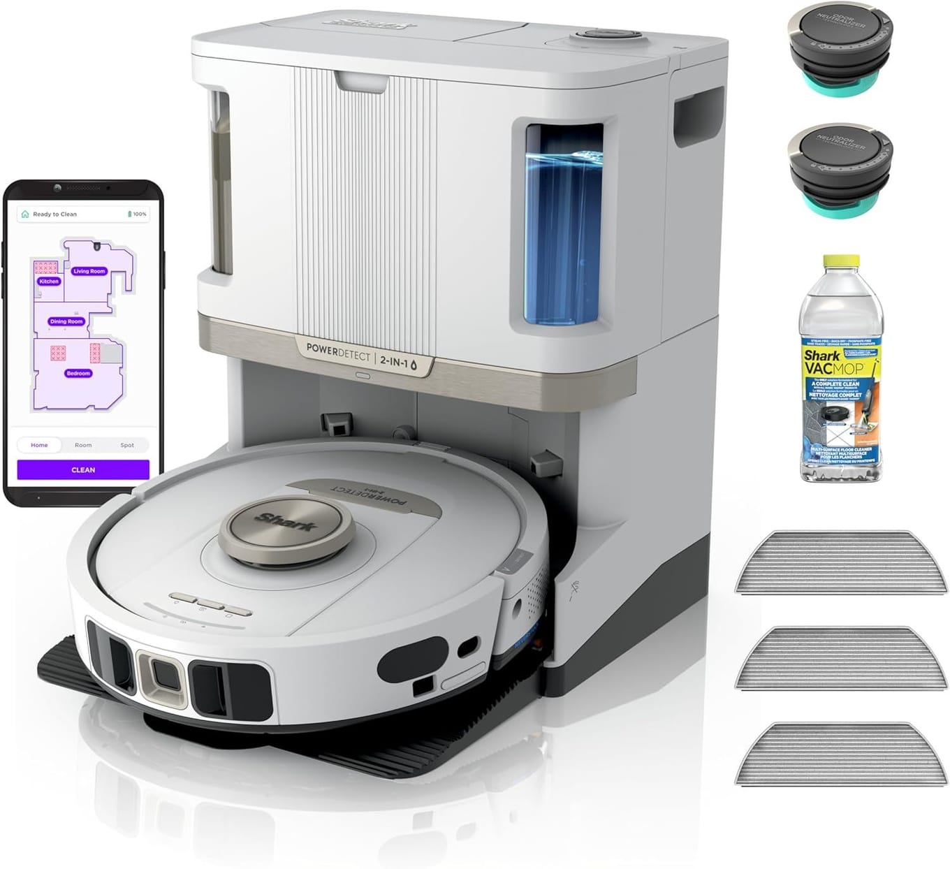 Shark PowerDetect NeverTouch Pro 2-in-1 white robot vacuum and mop docked in its tall self-emptying NeverTouch Pro base