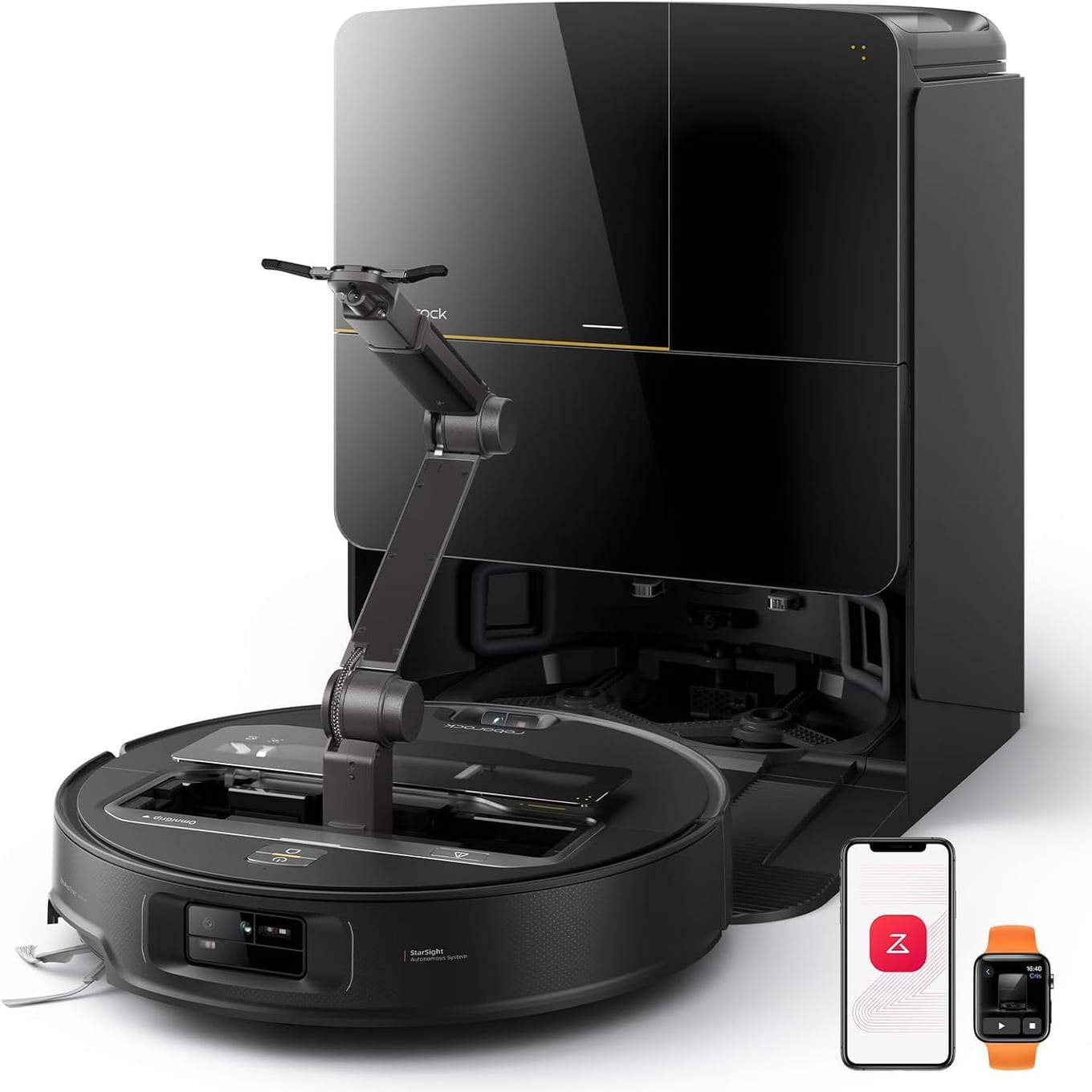 Roborock Saros Z70 black robot vacuum with the OmniGrip mechanical arm folded on top of its ultra-slim chassis