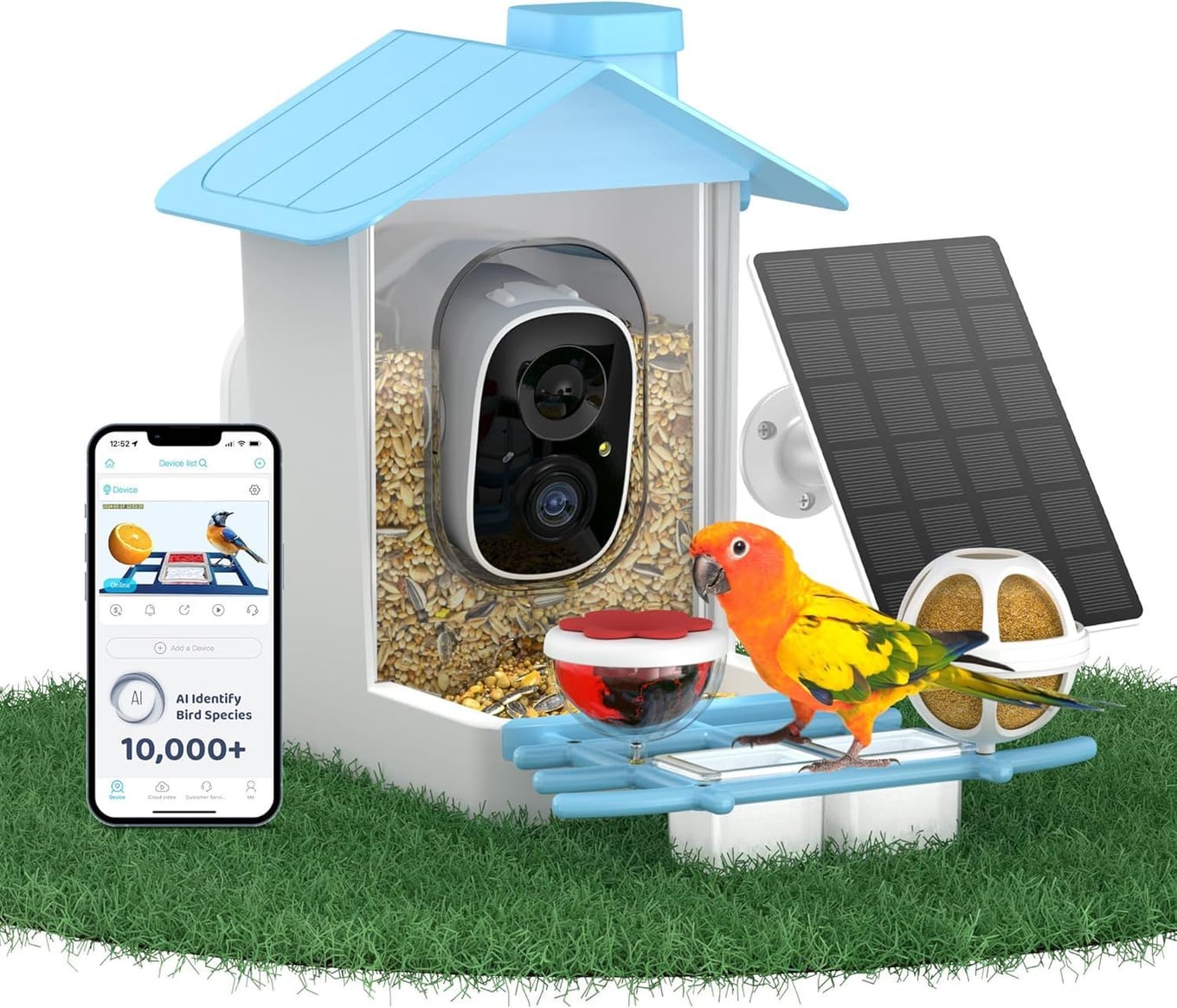 HARYMOR blue smart bird feeder camera with large seed hopper, front camera module, and detachable solar panel on top
