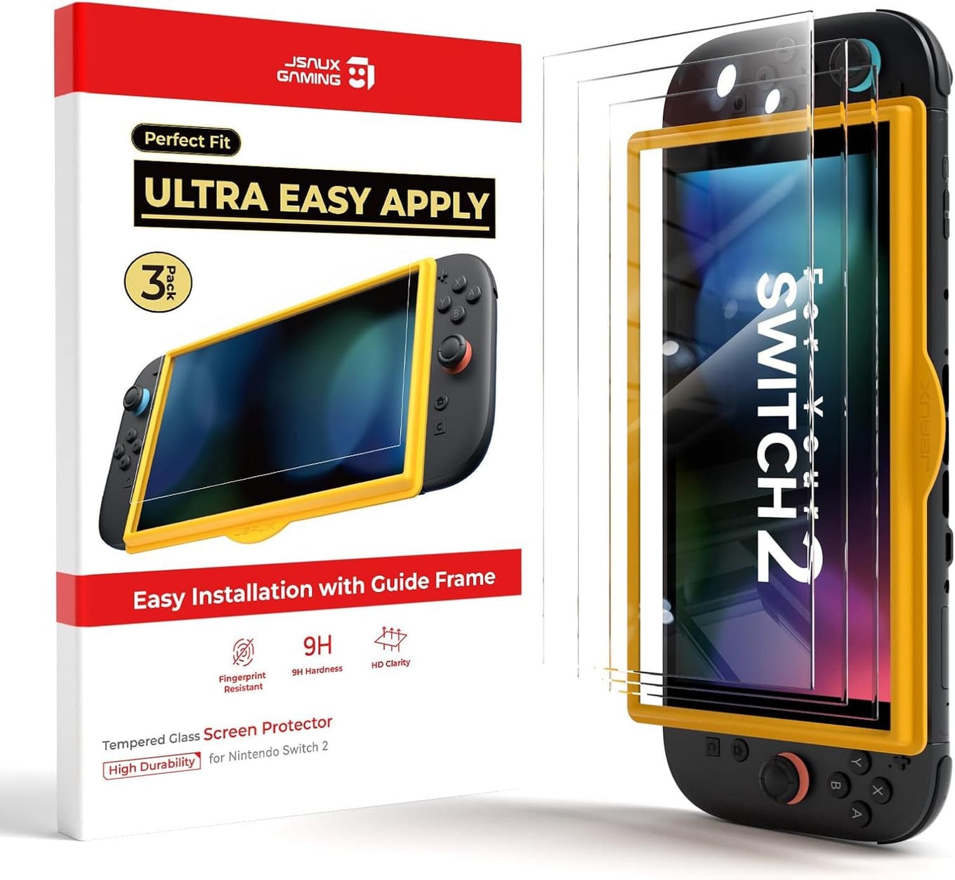JSAUX 3-Pack tempered glass screen protector for Nintendo Switch 2 with guiding frame and cleaning accessories