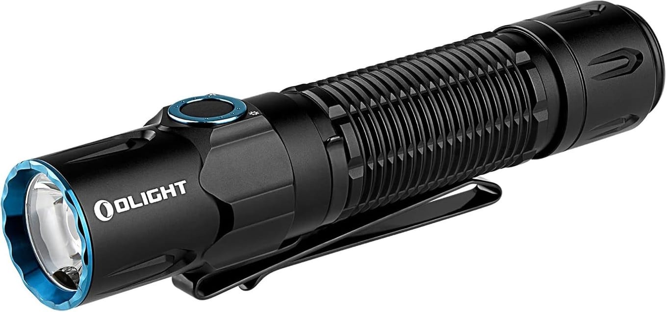 Olight Warrior 3S black tactical flashlight with dual side switch and magnetic charging tail
