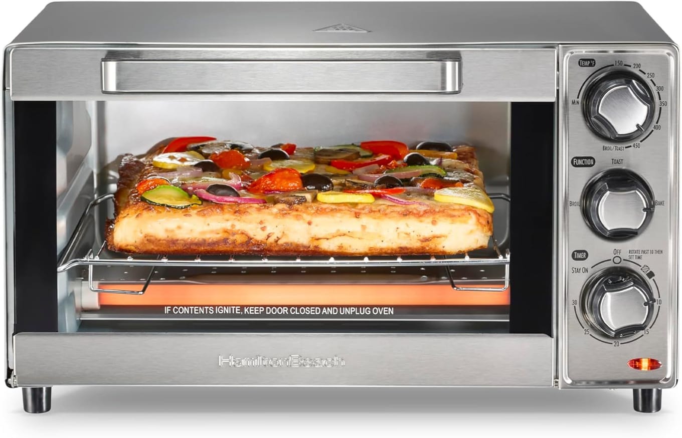 Hamilton Beach 31401 stainless steel countertop toaster oven with glass door and simple dial controls