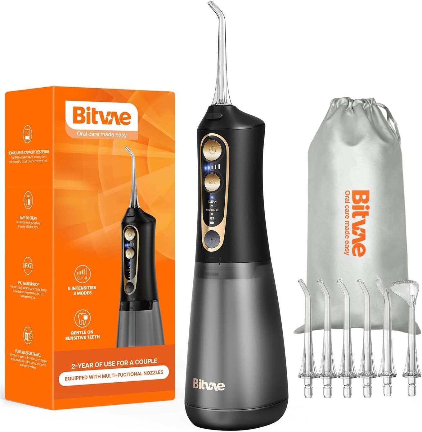 Bitvae C6 black cordless water flosser with gold accents, six interchangeable jet tips, and a gray drawstring travel pouch