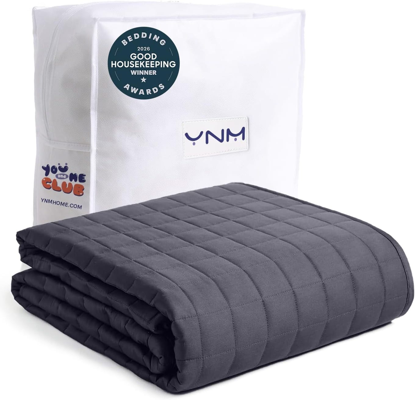 YnM weighted blanket in dark grey folded to show quilted small-square stitching pattern and soft cotton cover