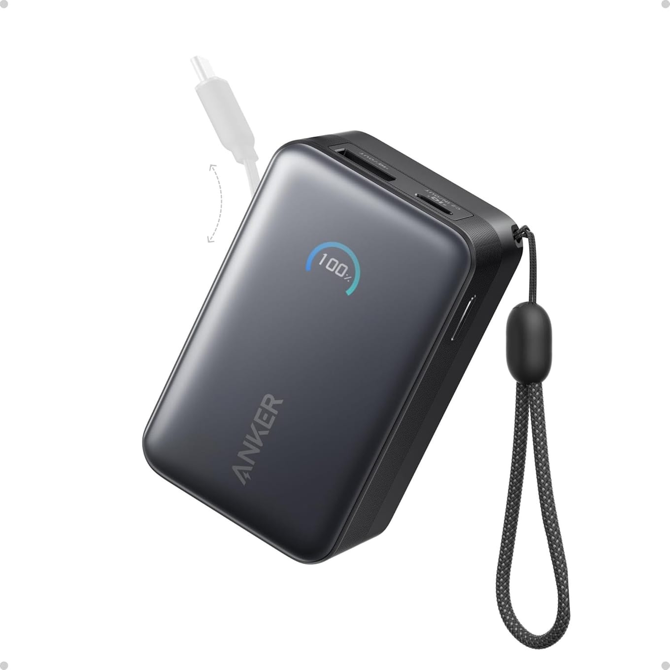 Anker Nano 45W 10,000mAh power bank with its built-in retractable USB-C cable and smart display, for charging the Steam Frame away from an outlet