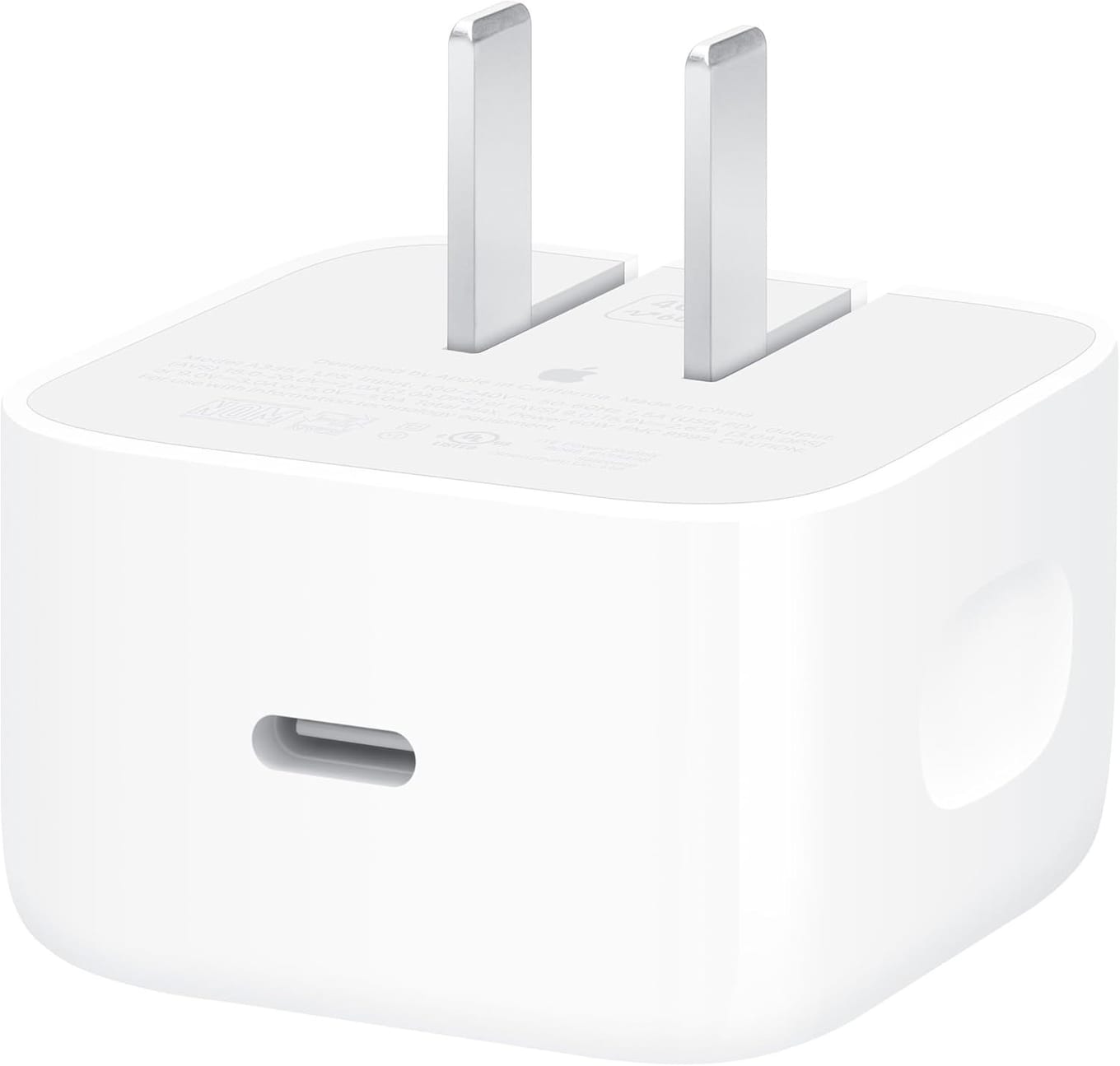 White Apple 40W Dynamic Power Adapter with 60W Max, angled to show the USB-C port on its front face and the two folded-out metal prongs on top