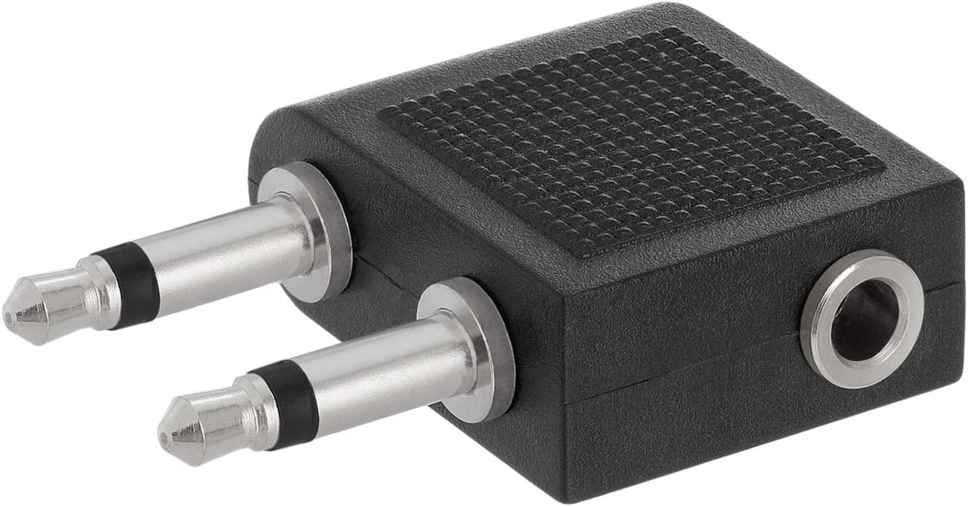 Black Cmple airplane audio adapter with two mono plugs on one side and a single stereo socket on the other