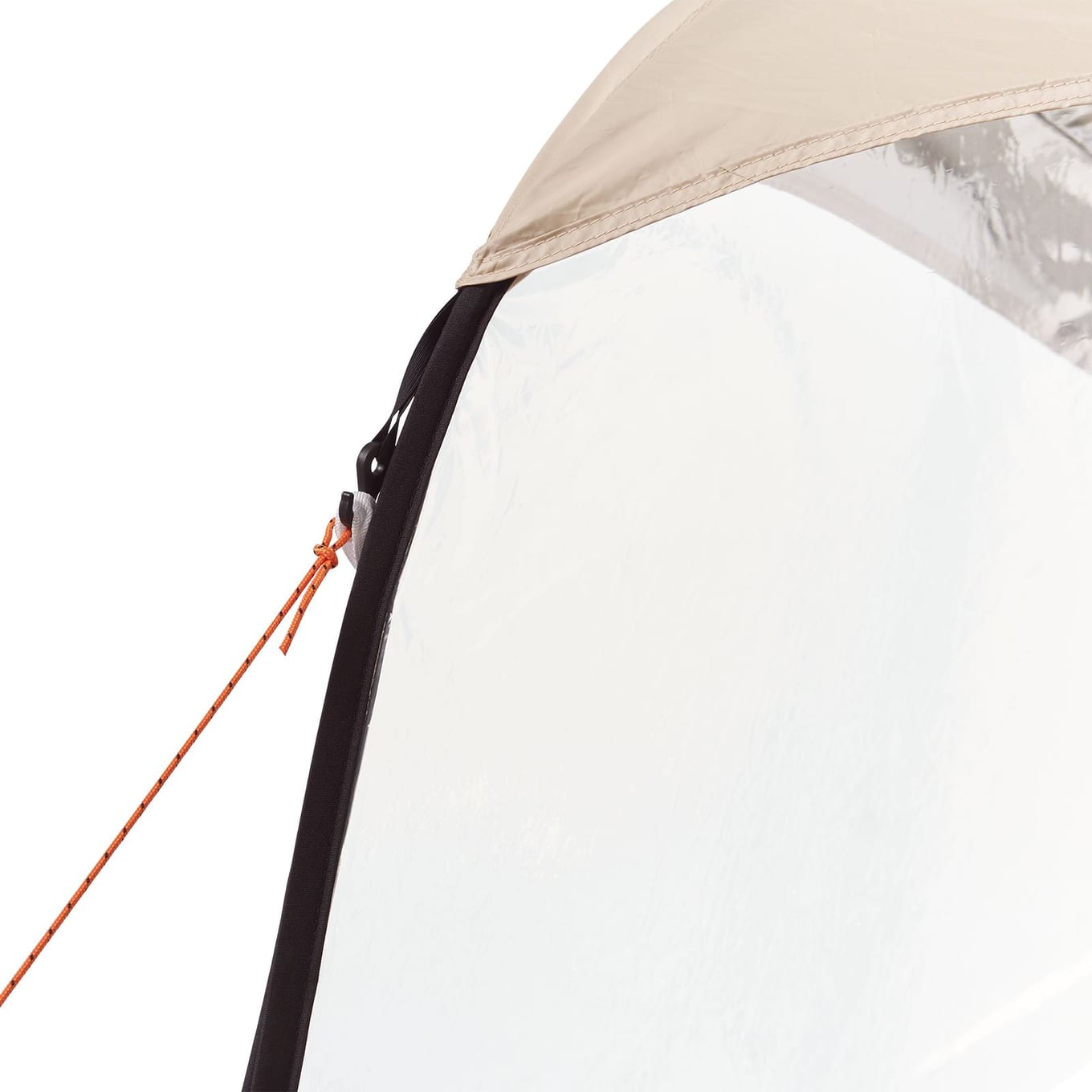 Close-up of the VEVOR bubble tent's clear TPU wall panel, black seam binding, corner pole and orange guy-line, showing the pop-up frame construction