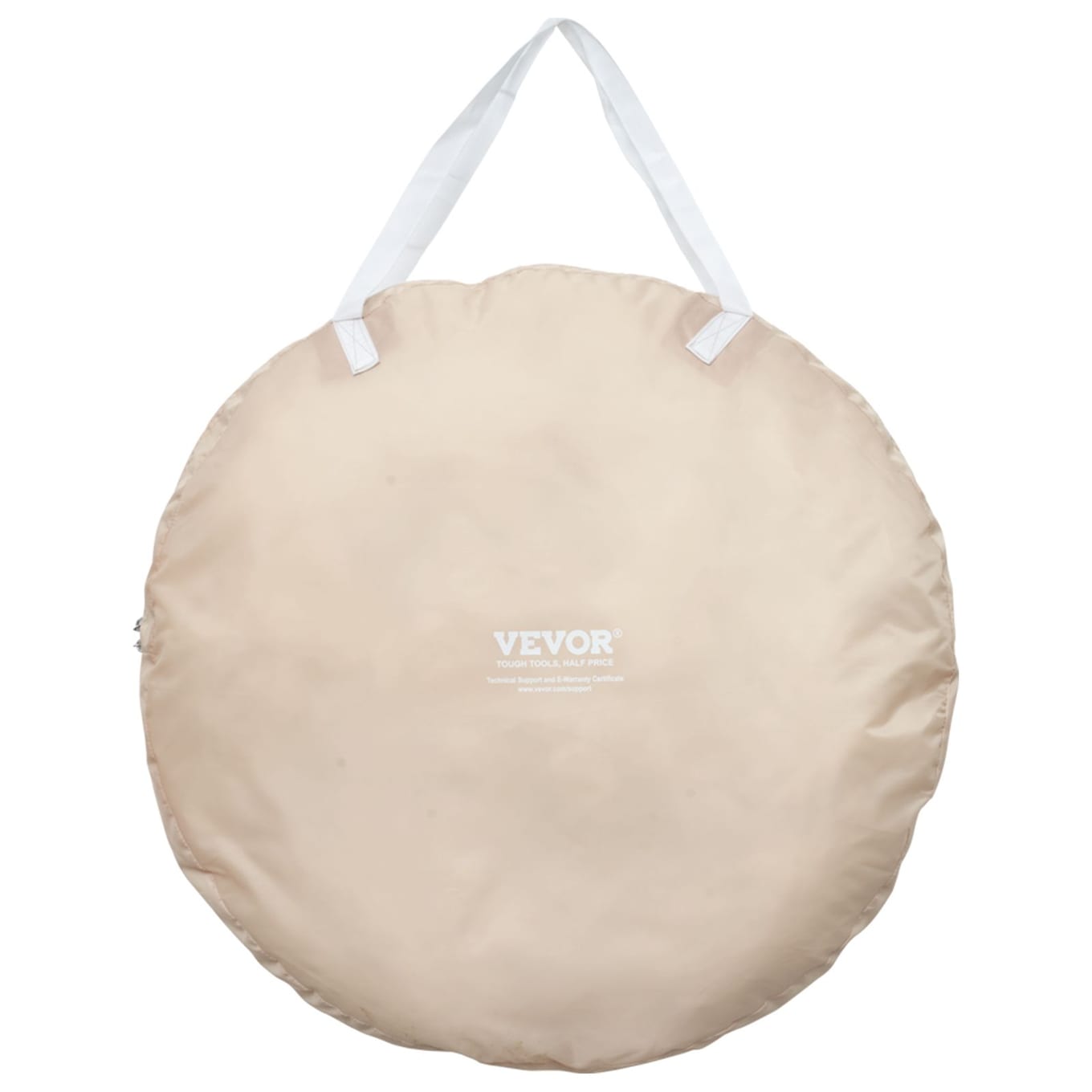 The collapsed VEVOR bubble tent packed into its round beige carry bag with white carry straps and VEVOR branding