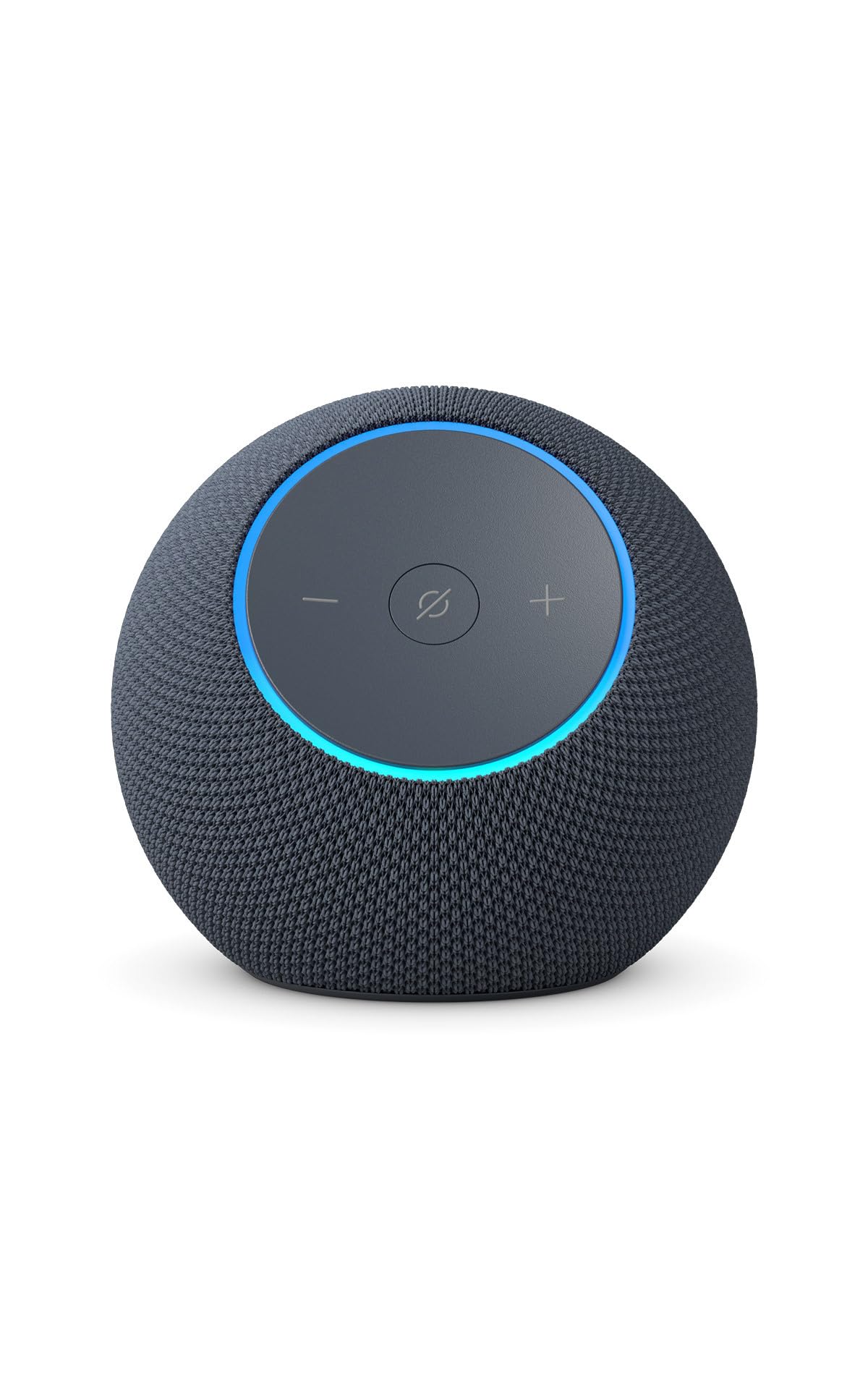 Amazon Echo Dot Max Graphite smart speaker with dark knit fabric and illuminated blue control ring