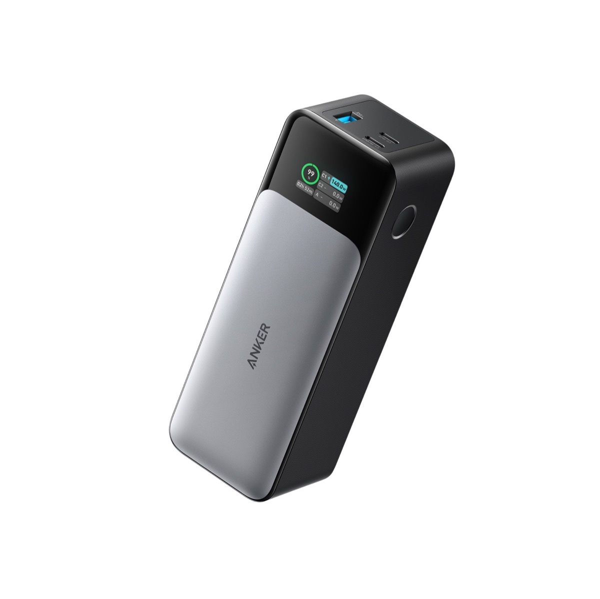 Anker 737 Power Bank portable charger with smart display, dark body, and top-mounted charging ports on a white background