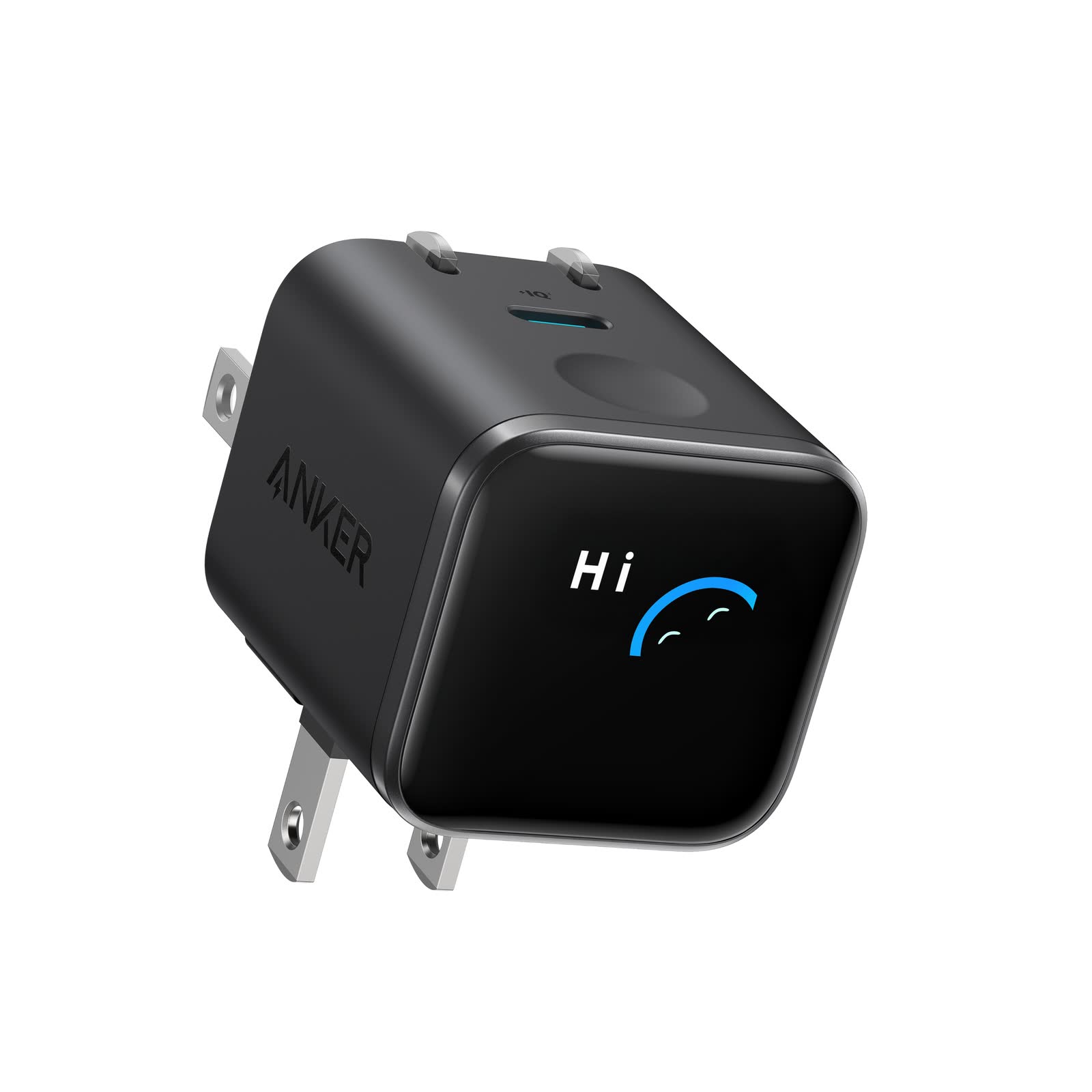 Anker Nano A121D 45W smart display charger in Black Stone with rotating prongs and illuminated screen