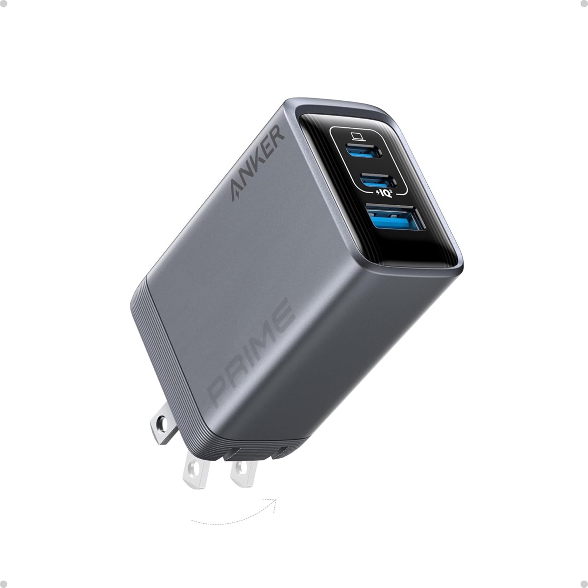 Anker Prime Charger 100W 3-port GaN wall charger with foldable plug and compact dark gray body