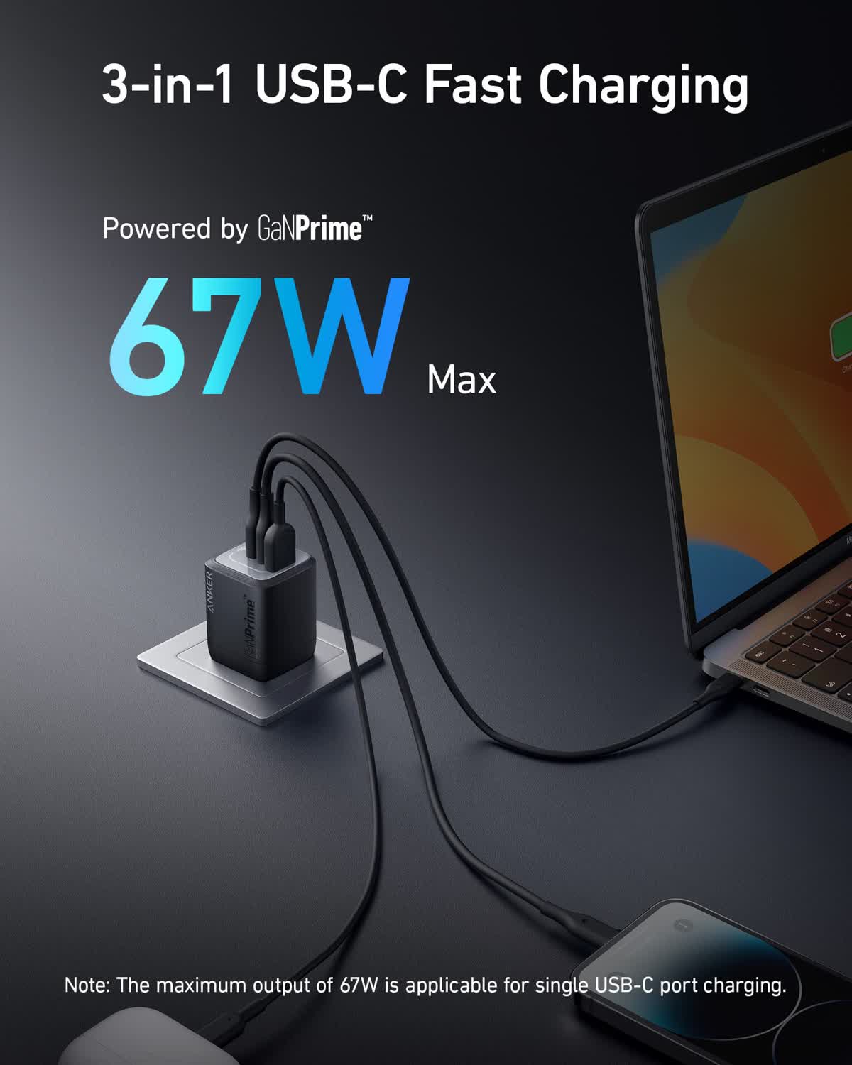 Anker Prime 67W GaN wall charger with folding plug and three charging ports on a white background