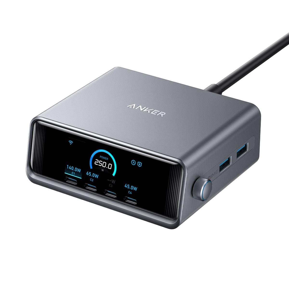 Anker Prime Charger 250W 6-port GaN desktop charging station with dark body, front LCD display, and control dial