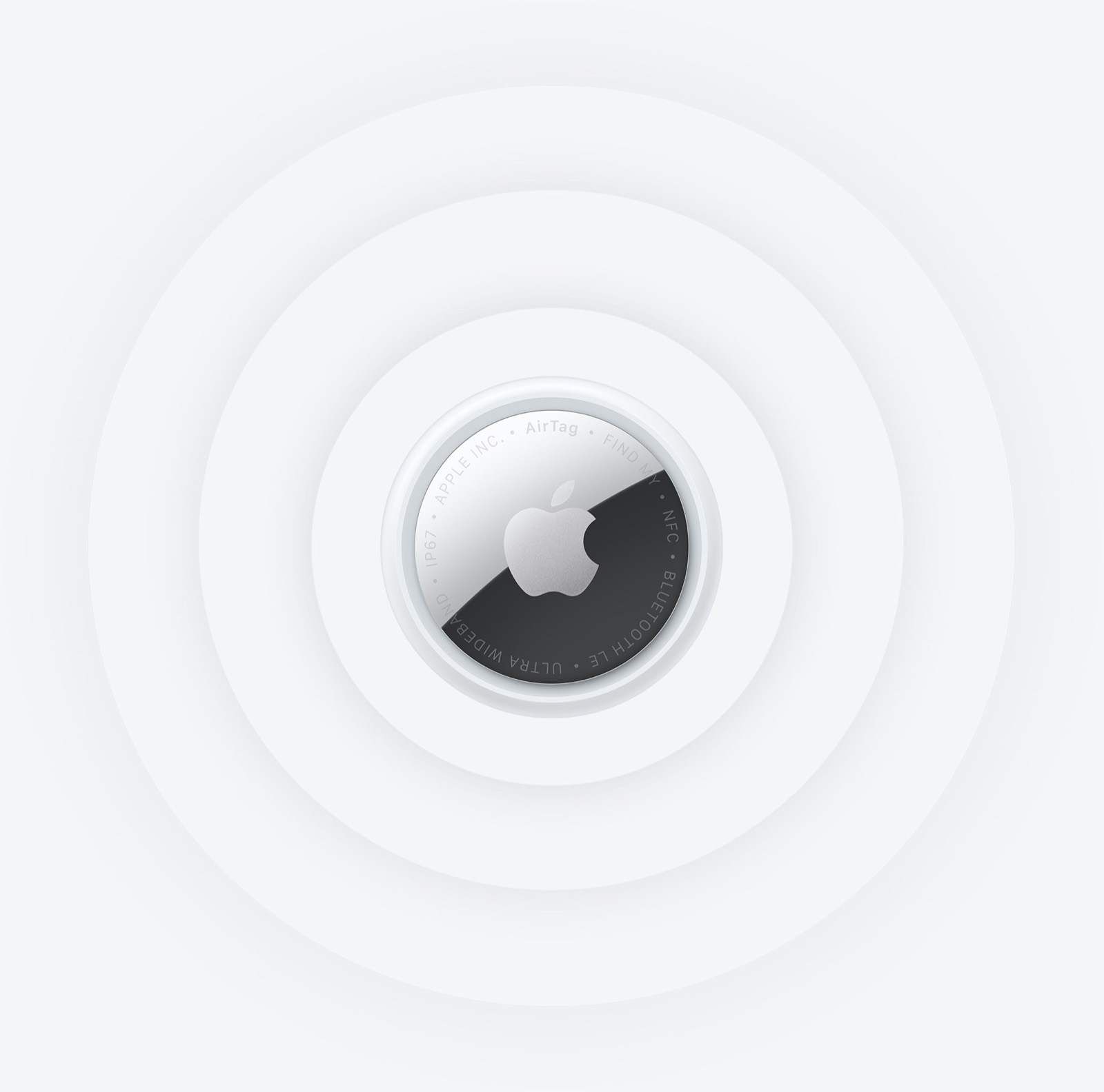 Apple AirTag 2nd Generation circular white and silver item tracker with radiating Find My rings