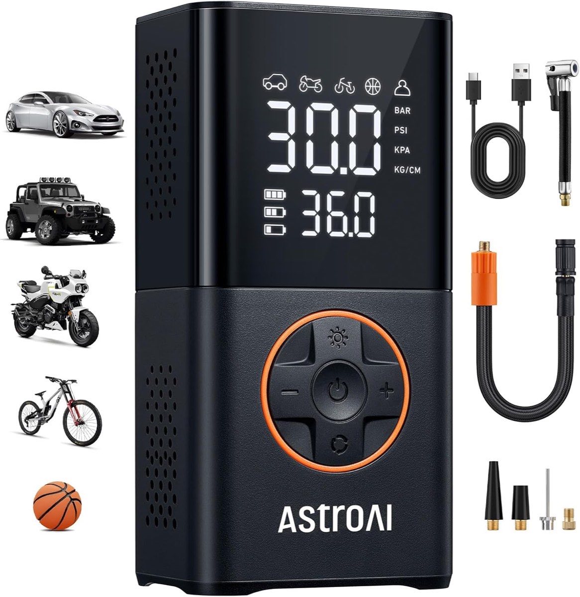 AstroAI L7 cordless portable tire inflator with digital pressure gauge display, black body and yellow accents, air hose and USB-C charging port