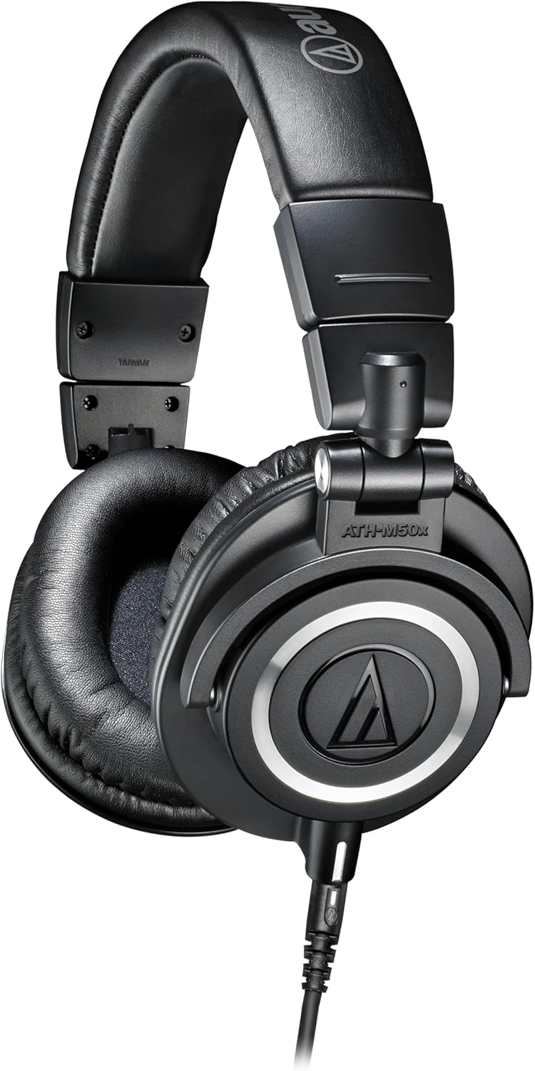 Audio-Technica ATH-M50x black closed-back studio monitor headphones with silver accent rings and detachable cable
