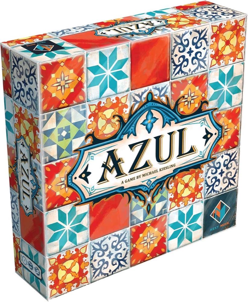Azul board game box and components with colorful resin mosaic tiles, four player boards, and round factory displays