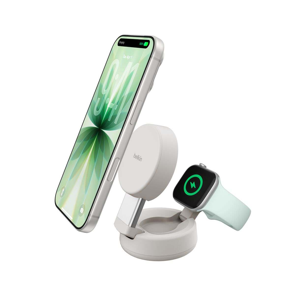 Belkin UltraCharge Pro 2-in-1 25W Qi2 magnetic charger in Sand with an iPhone and Apple Watch on its folding stand