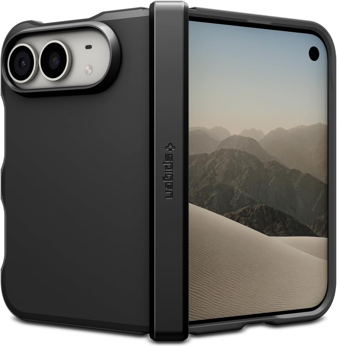 Black Spigen case on a folding phone opened partway and seen from the hinge, with a two-lens camera module in a pale oval housing at the top of the black back panel on the left, the Spigen wordmark on the hinge cover running down the centre, and the screen on the right showing sand dunes and mountains under a hazy sky