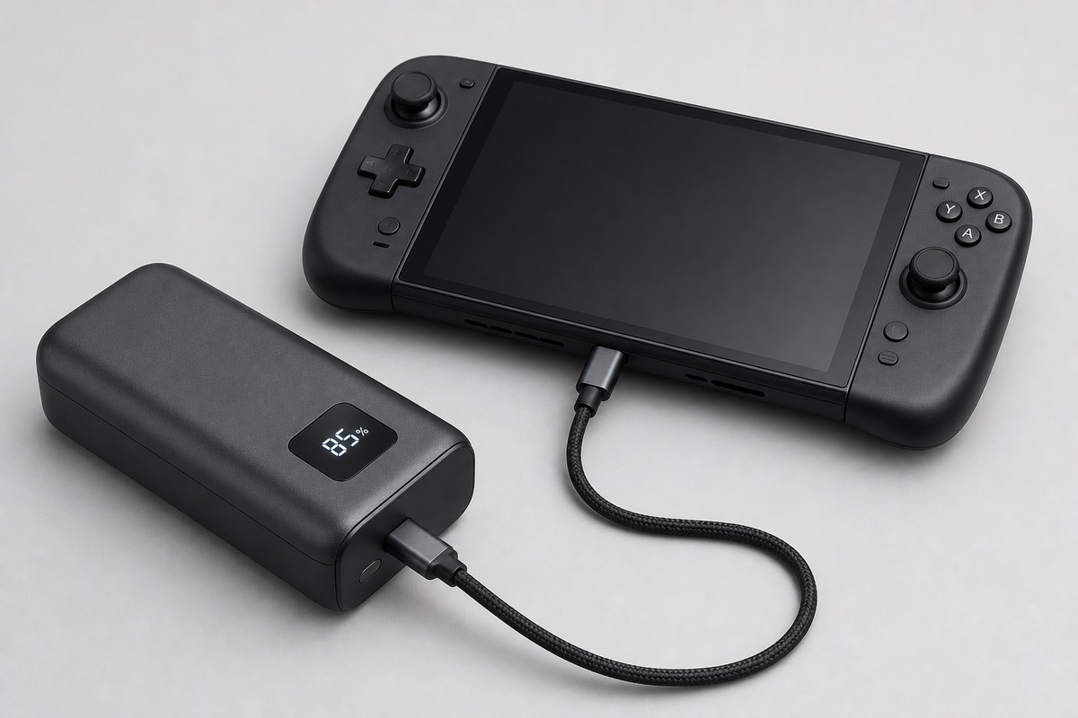 USB-C power bank with a digital charge display connected by a braided cable to a black handheld gaming console