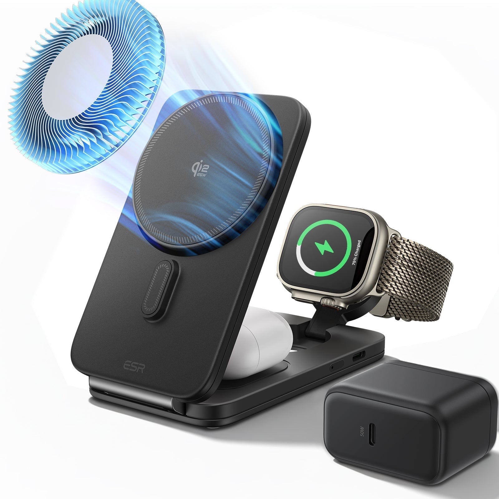 An ESR CryoBoost Qi2.2 25W 3-in-1 magnetic wireless charging station with a cooling fan