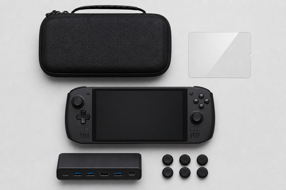 ROG Xbox Ally X handheld surrounded by accessories: a carrying case, screen protector, dock, and thumb grip caps