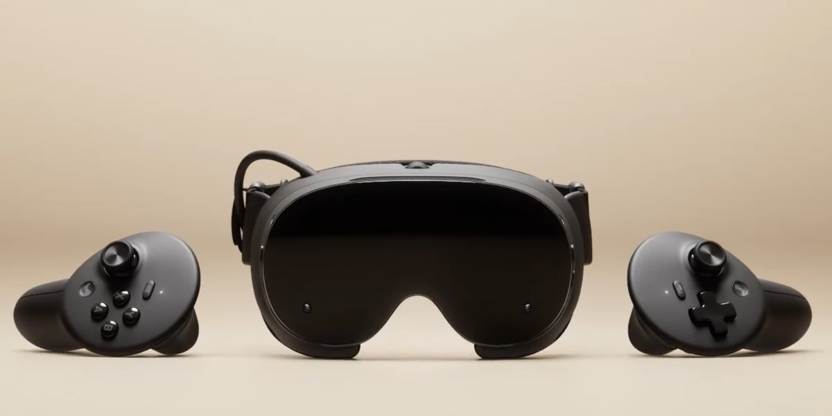 Valve Steam Frame VR headset with its two motion controllers — the standalone SteamOS headset these accessories are for