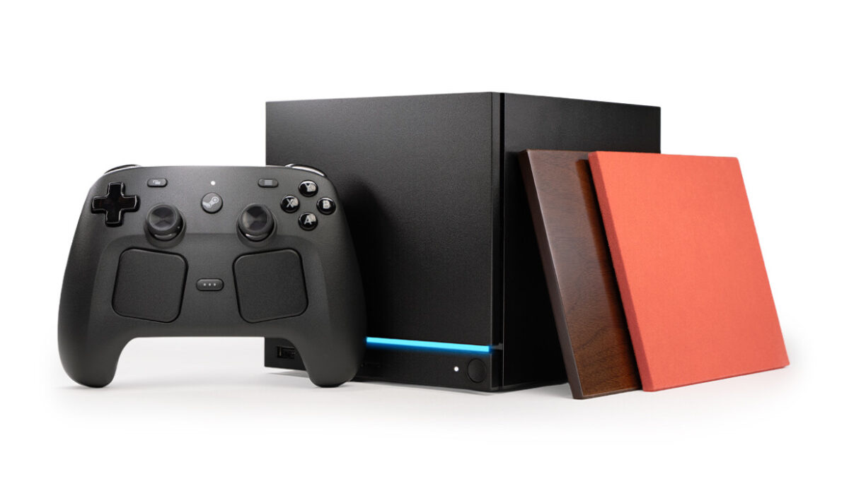 A Valve Steam Machine console, the compact cube PC that takes a microSD card in its front slot for extra game storage