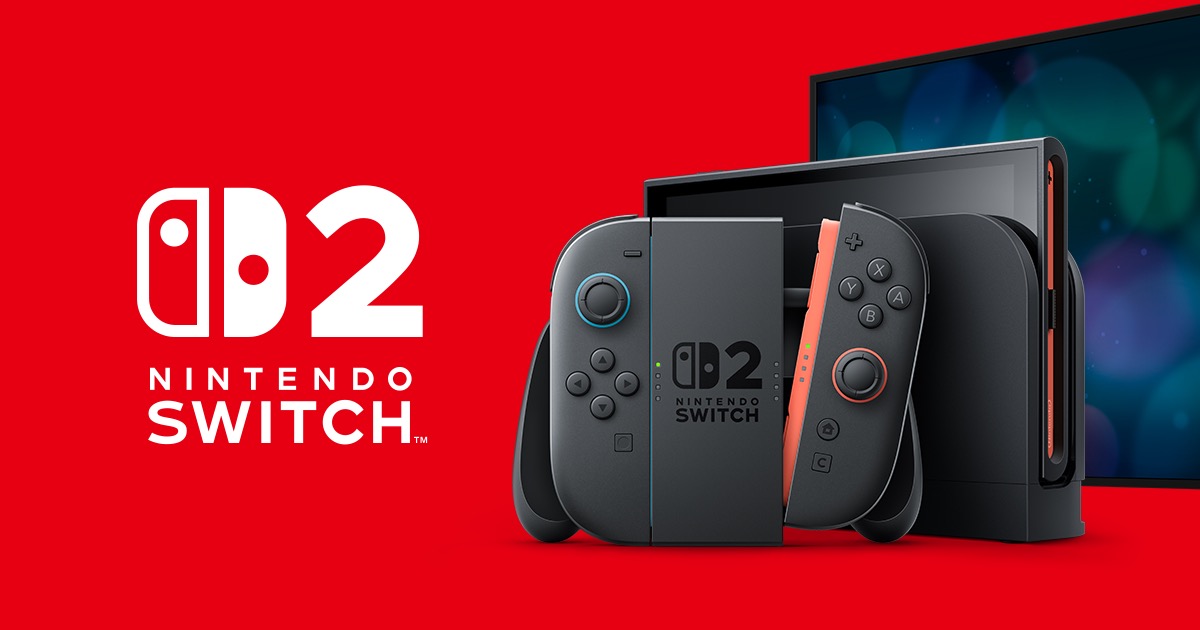 Nintendo Switch 2 console with Joy-Cons attached, standing beside its dock