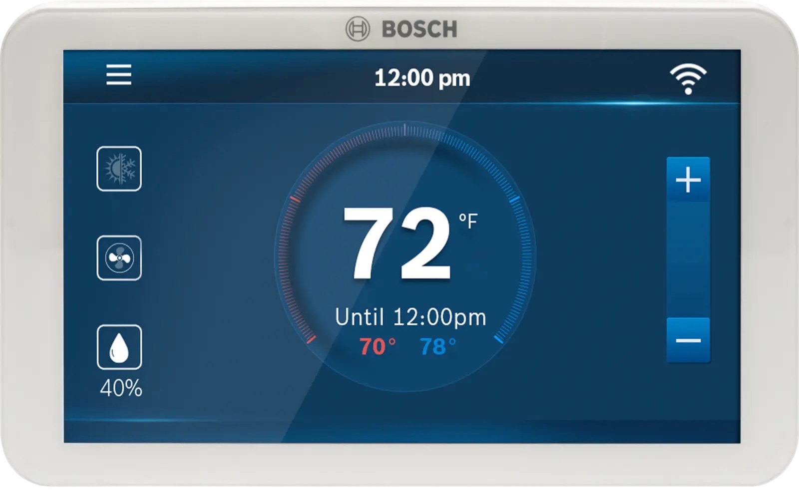 Bosch BCC100 Connected Control Wi-Fi thermostat with white bezel and 5-inch full-color touchscreen showing 72 degrees Fahrenheit
