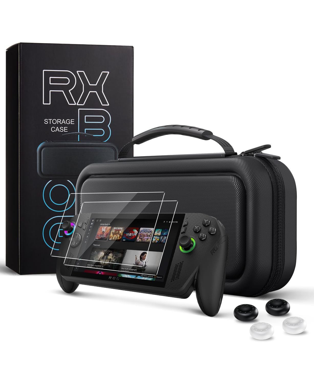 CoBak accessory kit for the ROG Xbox Ally X with a hard case, screen protectors and thumb grip caps