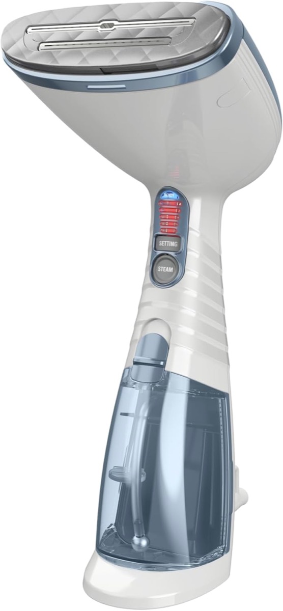 Conair Turbo ExtremeSteam handheld garment steamer in blue and white with transparent water tank and STEAM and SETTING controls