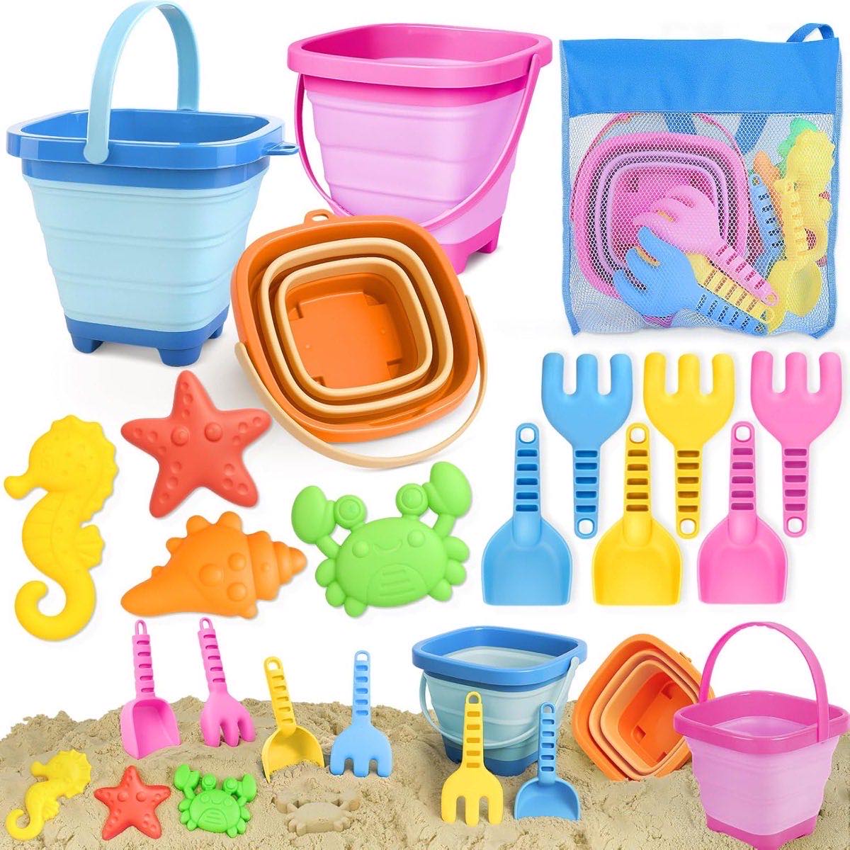 Dreamon collapsible beach toys set with three foldable buckets, sea-creature sand molds, shovels, forks and a blue mesh storage bag